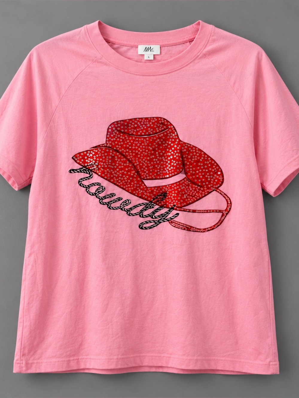 Pink Sequin Cowboy Hat Graphic Tee Western Cowgirl Apparel Sample